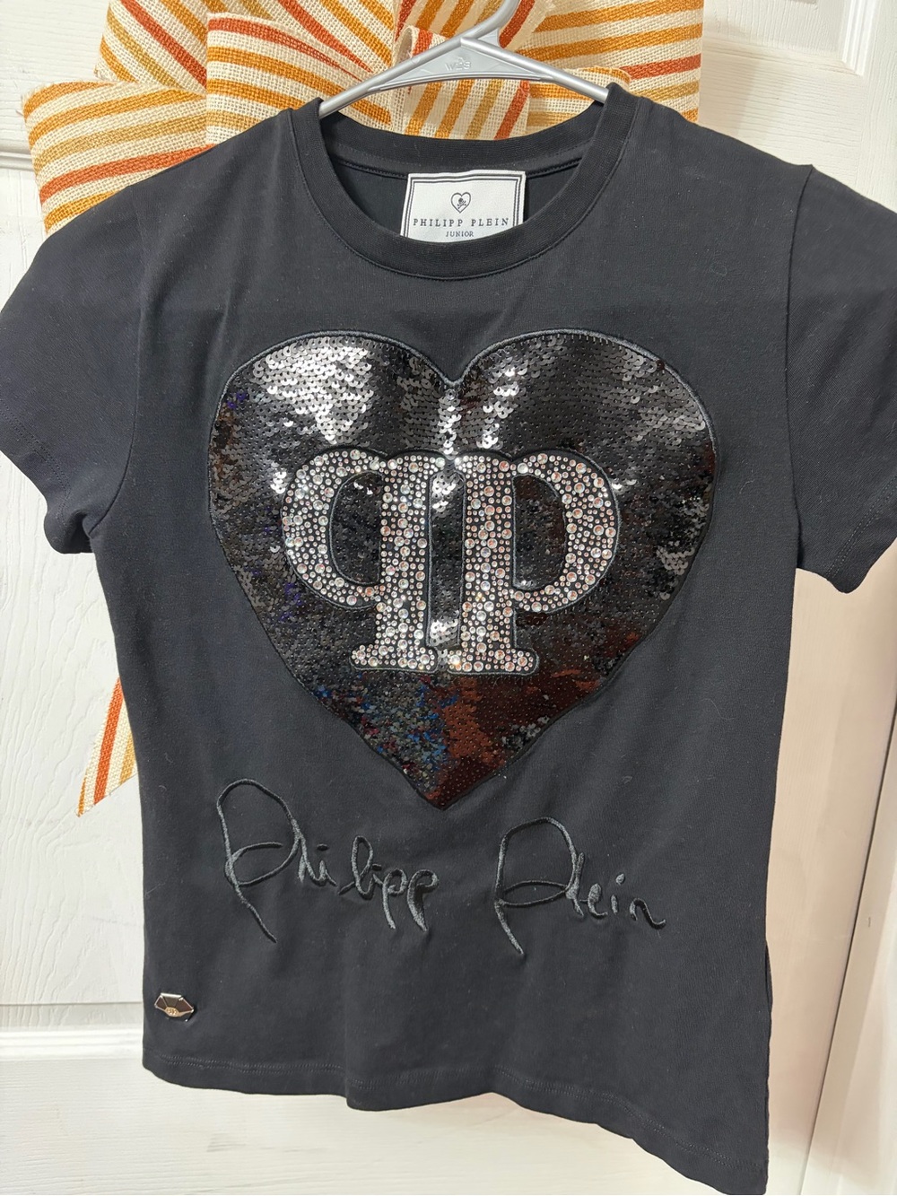 Philipp Plein Black Sequin Heart Logo Kids Tee